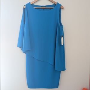 NWT Lauren Ralph Lauren Blue Cape Overlay Sheath Dress Womens Size 14